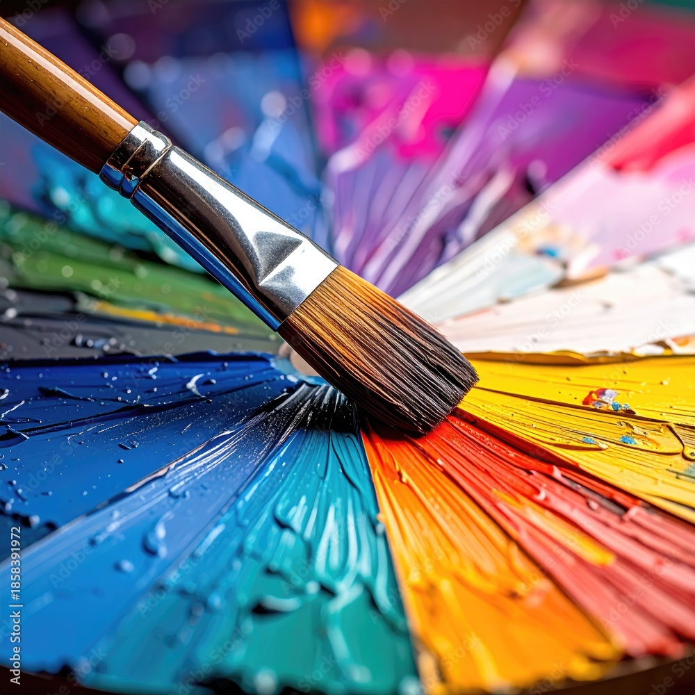 Fototapeta premium Artist's paintbrush resting on a vibrant color wheel