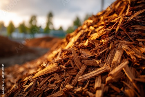 Close-up view of a massive pile of dry, organic wood mulch displaying intricate textures and earthy tones, perfect for landscaping inspiration.