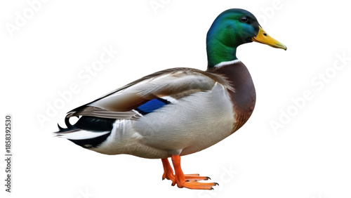 Bilde på lerret Isolated mallard duck stands in profile with colorful plumage, natural beauty, w