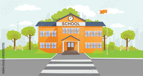 Orange school building with benches and trees education