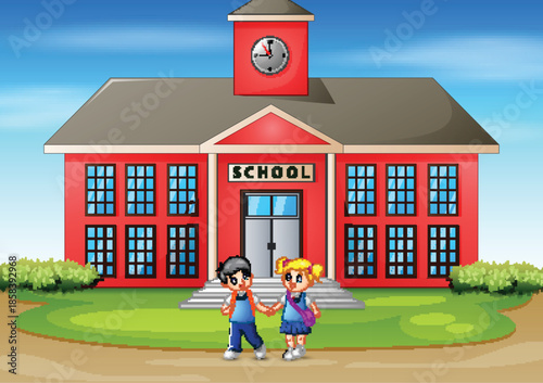 Two children standing in front of a red school building