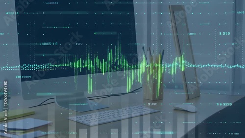 Data analysis on computer screen with charts and graphs, digital finance, stock market trends