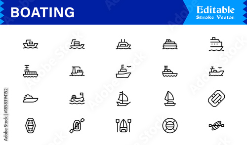 Boating Line Icon Collection Featuring Minimal Nautical Vessels and Marine Elements, Professional Vector Pack with Clean, Unique Designs for Premium Visual Appeal