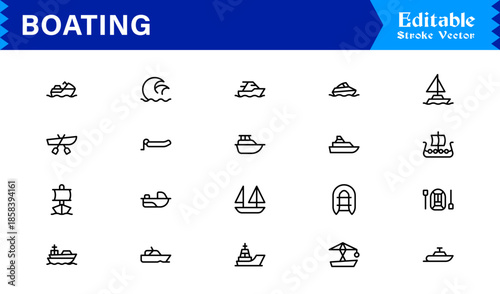 Boating Line Icon Collection Featuring Minimal Nautical Vessels and Marine Elements, Professional Vector Pack with Clean, Unique Designs for Premium Visual Appeal