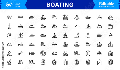 Boating Line Icon Collection Featuring Minimal Nautical Vessels and Marine Elements, Professional Vector Pack with Clean, Unique Designs for Premium Visual Appeal