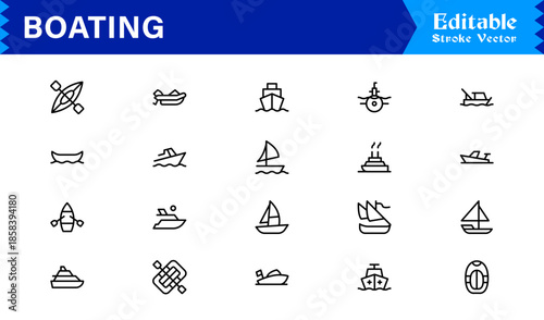 Boating Line Icon Collection Featuring Minimal Nautical Vessels and Marine Elements, Professional Vector Pack with Clean, Unique Designs for Premium Visual Appeal