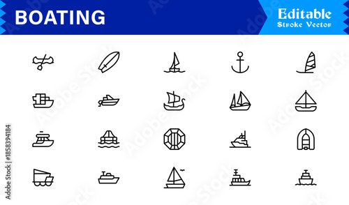 Boating Line Icon Collection Featuring Minimal Nautical Vessels and Marine Elements, Professional Vector Pack with Clean, Unique Designs for Premium Visual Appeal