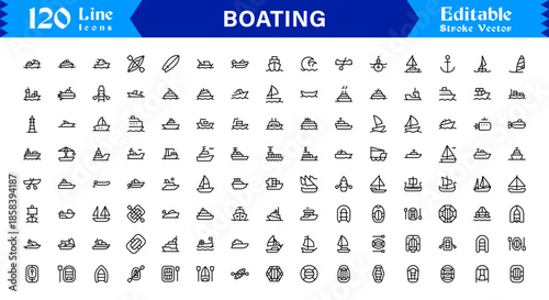 Boating Line Icon Collection Featuring Minimal Nautical Vessels and Marine Elements, Professional Vector Pack with Clean, Unique Designs for Premium Visual Appeal