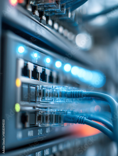 Network switch with multiple ethernet cables connected and illuminated status lights showing active data transmission in a modern data center environment