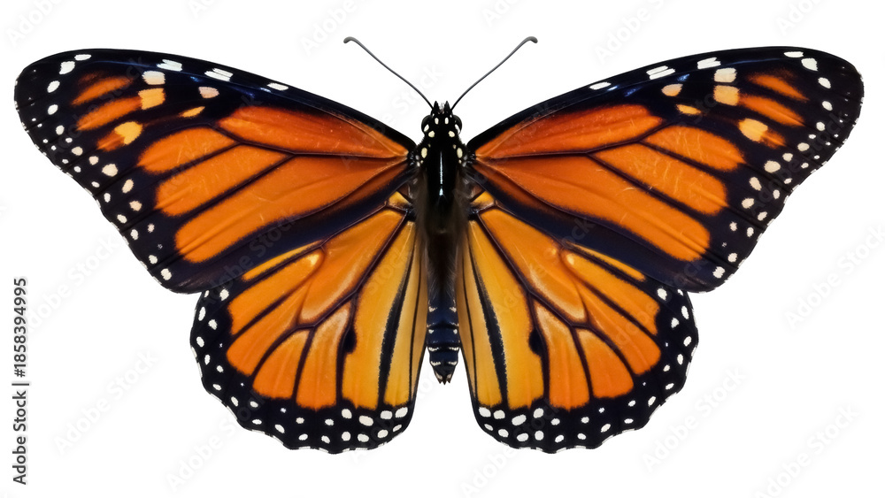 Fototapeta premium Isolated Monarch butterfly close-up with wings spread showcasing orange and black color pattern