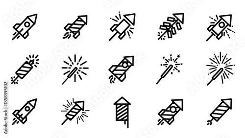 Collection of various firework rockets and sparklers in outline style.