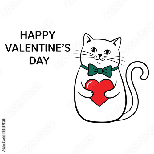 Cute white cat holding heart for valentines day isolated on