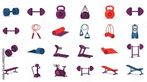Collection of various fitness equipment and gym accessories.