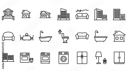 Collection of various house and furniture line icons, simple outline vector illustration set.