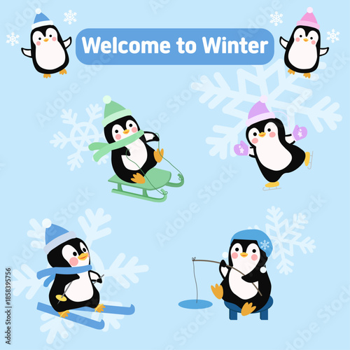 겨울 활동을 즐기는 귀여운 펭귄 캐릭터들