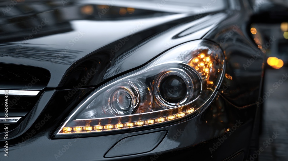 Fototapeta premium Close up view of a modern car headlight with bright illumination