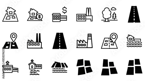 Collection of various location and map related black and white icons.