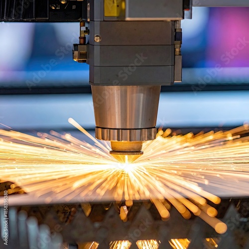 Laser cutting machine in action.  A high-powered laser cutting machine cutting metal.  Bright sparks radiate outward.  Industrial machinery