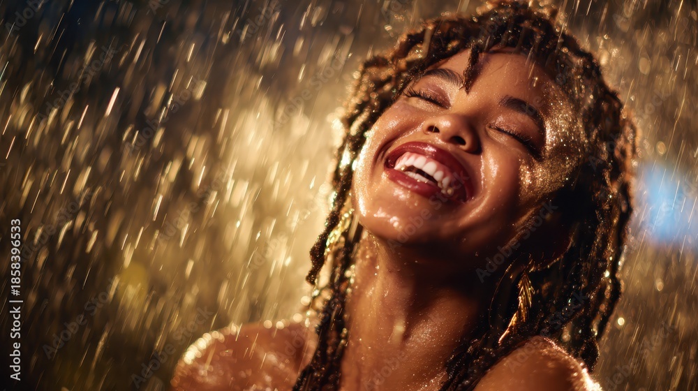 Fototapeta premium A joyful woman with dreadlocks smiles brightly, embracing the refreshing rain, embodying carefree spirit and natural beauty under the shimmering water droplets.