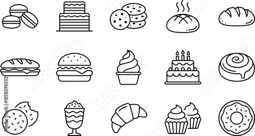 Dessert icons, bakery vector set, cake, cookie, bread, donut, cupcake, sandwich, ice cream, cinnamon roll, macaron, parfait, hamburger, frosting, sweet, snack, food, pastry, baked goods, icing, treat