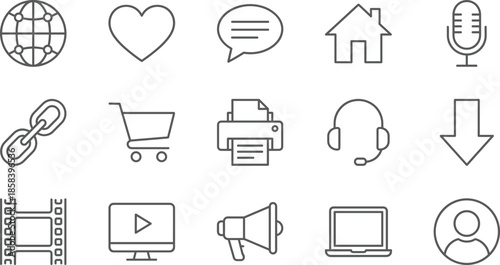Digital icons, communication vector set, internet, media, video, audio, shopping, user, laptop, printer, globe, heart, speech, chain, cart, monitor, play button, megaphone, homepage, download, headset