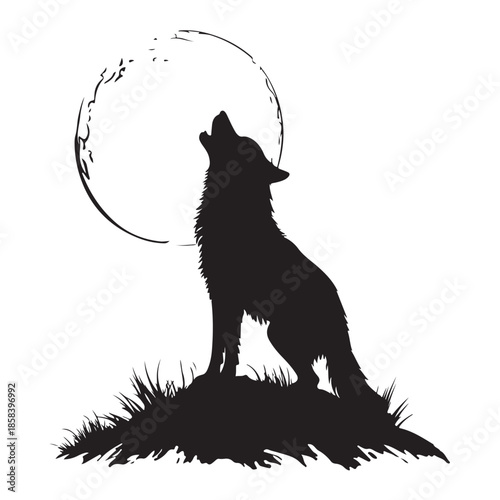 A black silhouette vector illustration of a wild predator wolf howling at the moon isolated on a white background