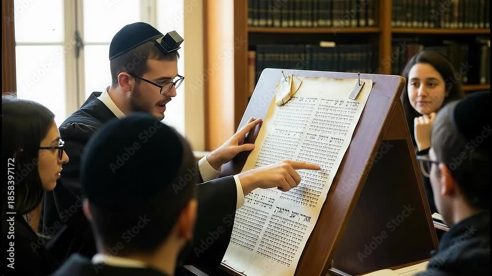 Rabbi teaches Hebrew script as students follow along in a classroom ...