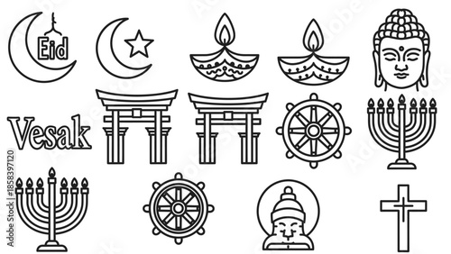 Collection of various religious symbols and icons representing different faiths.