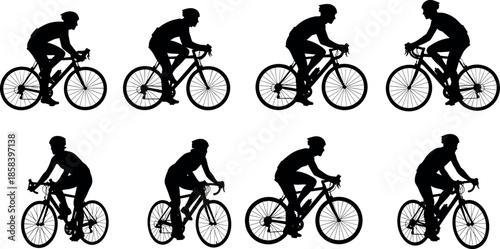 Black Cycling Silhouette Set with Professional Road Bikers in Racing Positions Isolated on White Background for Vector Design and Illustration