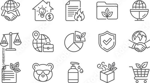 Sustainability icons, eco-friendly vector set, global business, environment, commerce, cooperation, leaf, globe, document, cart, packaging, justice, energy, hygiene, education