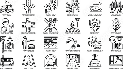 Traffic icons, transportation symbols, urban mobility, road safety, traffic control, smart parking, public transport, navigation, highway, intersection, tunnel, pedestrian, traffic jam
