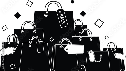 Minimalist collection of retail shopping bags with sale tags and confetti elements for commercial and marketing design.