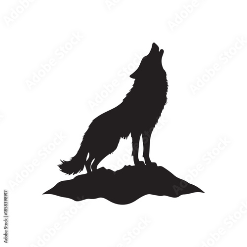 A black silhouette vector illustration of a wild predator wolf howling at the moon isolated on a white background