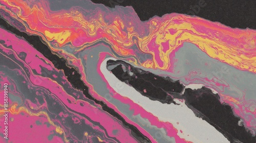 Vibrant hot pink and yellow marble paint swirls with grainy dark grey liquid texture background
