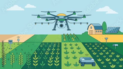 Smart farming drone spraying agricultural field. Future technology concept. Aerial irrigation system. Precision agriculture automation. Rural landscape with robot and solar panels