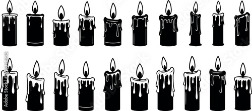 Black silhouette melting candle collection with dripping wax and flickering flames for mystical rituals spooky Halloween decor and atmospheric vector designs