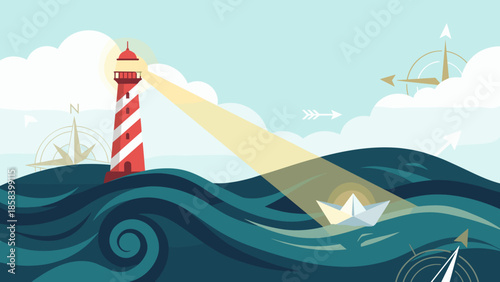 Lighthouse guiding paper boat through storm waves. Leadership and guidance concept. Flat vector illustration. Business strategy direction. Navigation beacon light. Hope safety