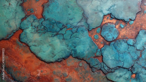 Industrial oxidized copper texture with turquoise verdigris patina and rusty metal surface