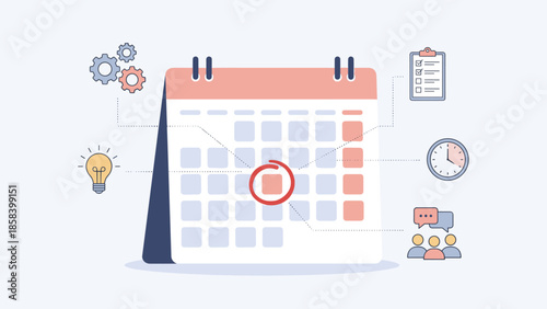 Calendar deadline concept. Business schedule planning. Time management agenda. Project timeline. Red circle date. Office organizer appointment. Reminder. Task list. Work efficiency.
