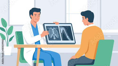 Doctor showing x-ray on tablet to patient. Medical consultation. Healthcare diagnosis. Modern technology. Radiologist discussing bone scan. Digital health. Flat vector design.