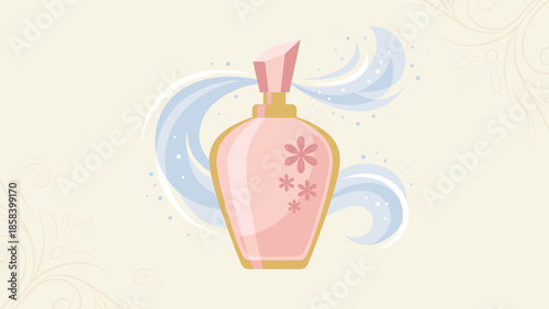 Pink perfume bottle spraying scent mist. Luxury fragrance concept. Elegant glass container. Beauty and cosmetic vector illustration. Floral aroma cloud. Sweet feminine eau de toilette.