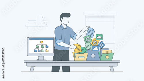 Data organization concept. Person sorting files into folders. Flat vector illustration. Management. Information structure. Computer workflow. Office administration. Archiving data.