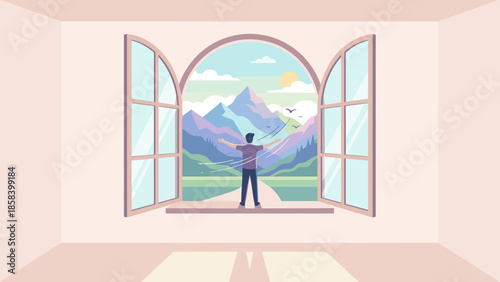 Man at open window facing mountains. Freedom perspective concept. Person open arms enjoying view. Nature landscape. Success hope fresh air. Future vision. Flat vector illustration.