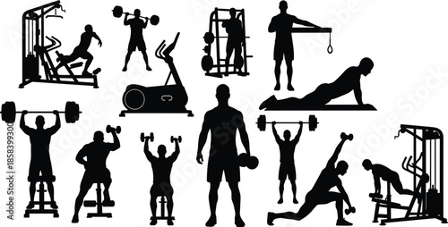 Silhouette set of people working out in a gym with weights and cardio equipment for fitness and bodybuilding.