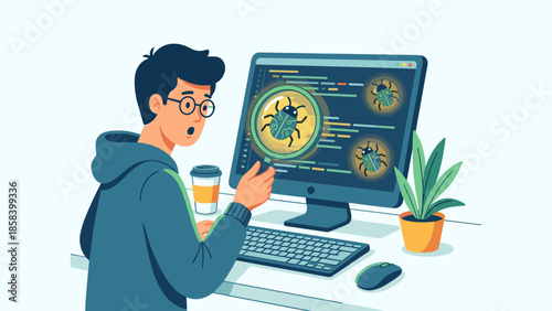 Software debugging concept. Programmer holding magnifying glass finding bug on computer screen. Code inspection error detection. Developer fixing glitch. Flat vector illustration.