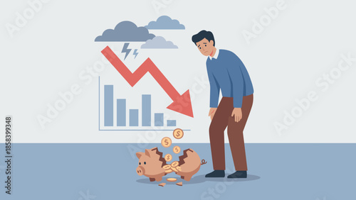 Financial crisis bankruptcy. Sad man broken piggy bank. Economic recession loss. Investment failure market crash. Poverty debt stress. Money problem. Downward graph flat vector illustration.