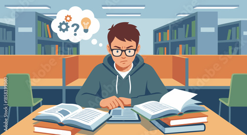 Student Reading Books in Library with Thought Bubbles Flat Vector Illustration