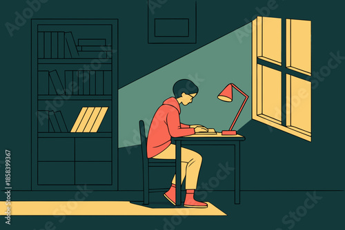 Student Studying Late at Night Near Window Flat Vector Illustration