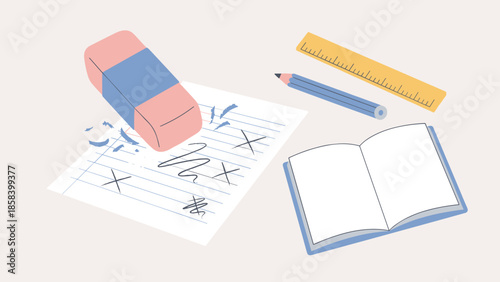 Pink eraser removing pencil mistakes on lined paper. Correction and editing concept. Education school supplies. Fixing errors. Deleting lines. Rubber tool. Flat vector illustration