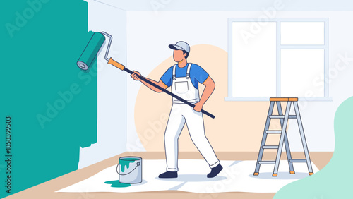 Professional painter man applying green color with roller. Home renovation, interior design improvement. House decorating service concept. Flat vector illustration. Handyman worker.
